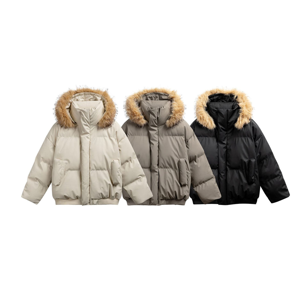 Women's Padded Short Quilted Jacket with Faux Fur Hood and Ribbed Hem Mune Fashion