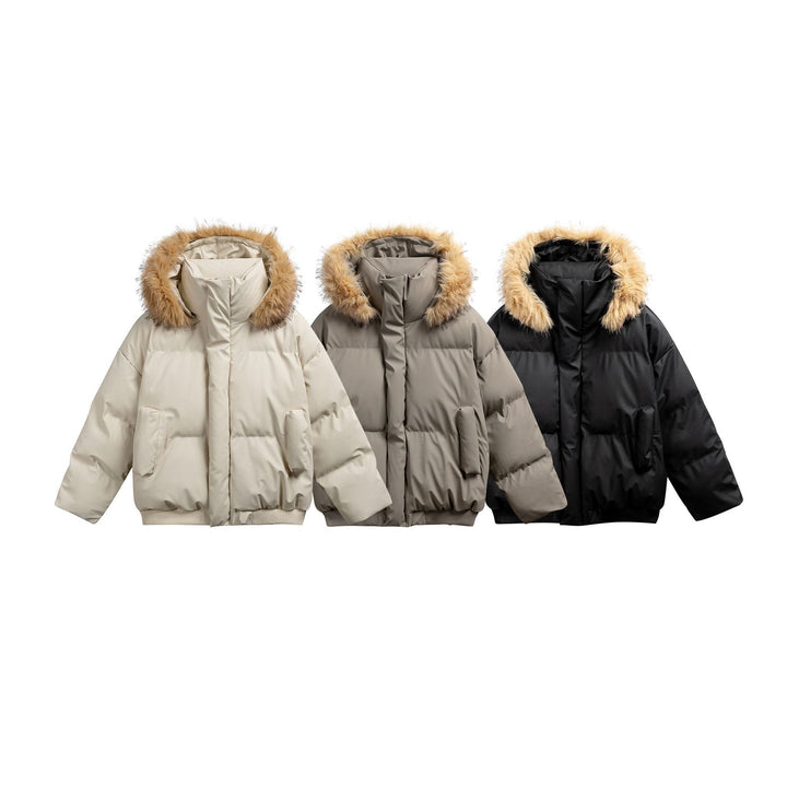 Women's Padded Short Quilted Jacket with Faux Fur Hood and Ribbed Hem Mune Fashion