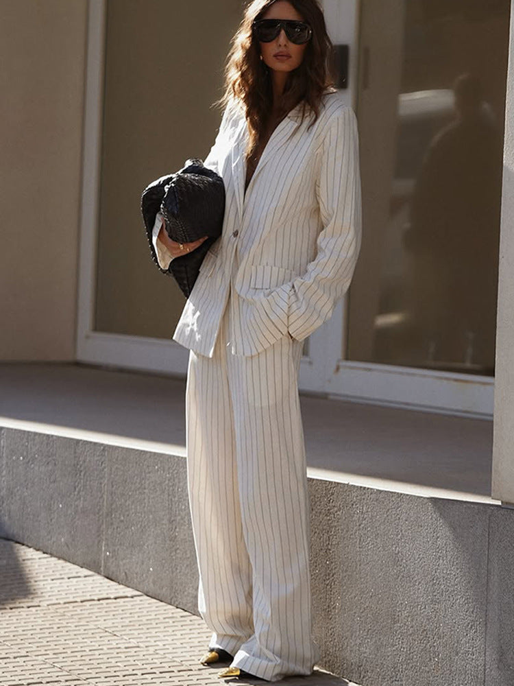 Women's Two-Piece Pinstripe Suit Set with Oversized Blazer and Wide Pleated Trousers Mune Fashion