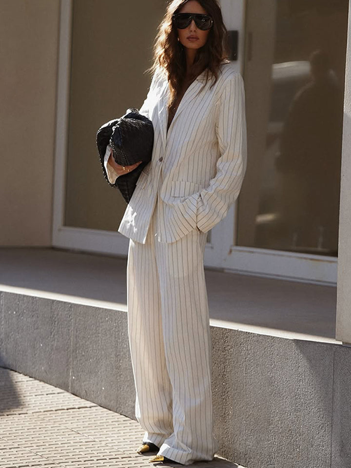Women's Two-Piece Pinstripe Suit Set with Oversized Blazer and Wide Pleated Trousers Mune Fashion