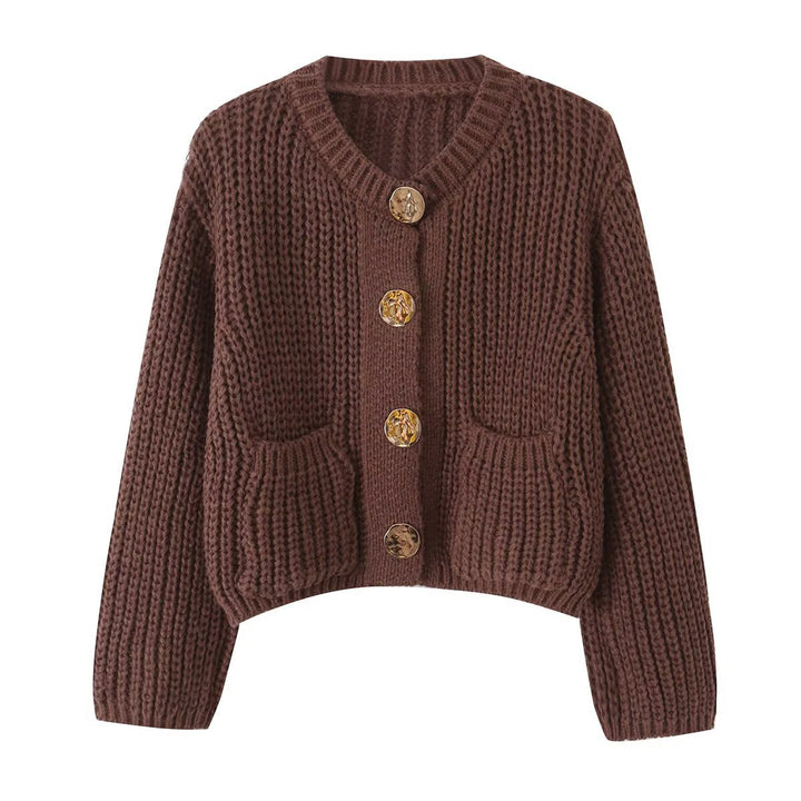Women Chunky Knit Cropped Cardigan with Decorative Jewelry Buttons and Patch Pockets Mune Fashion
