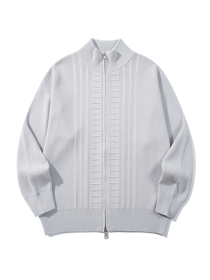 Men's chunky knit zip jacket with stand-up collar and two-way opening zipper Mune Fashion