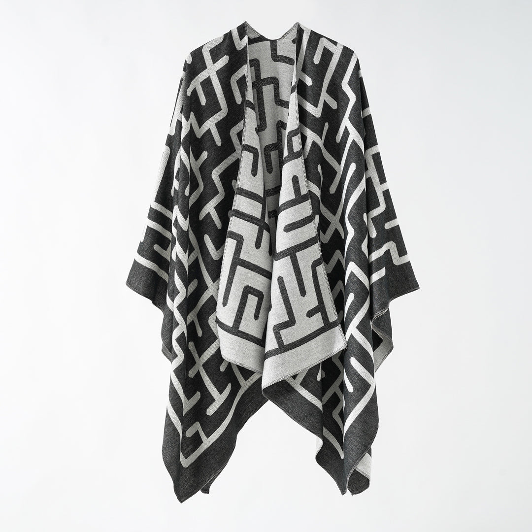 Women's Reversible Jacquard Ruana with Graphic Pattern and Asymmetrical Hem Mune Fashion