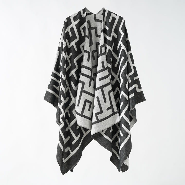 Women's Reversible Jacquard Ruana with Graphic Pattern and Asymmetrical Hem Mune Fashion