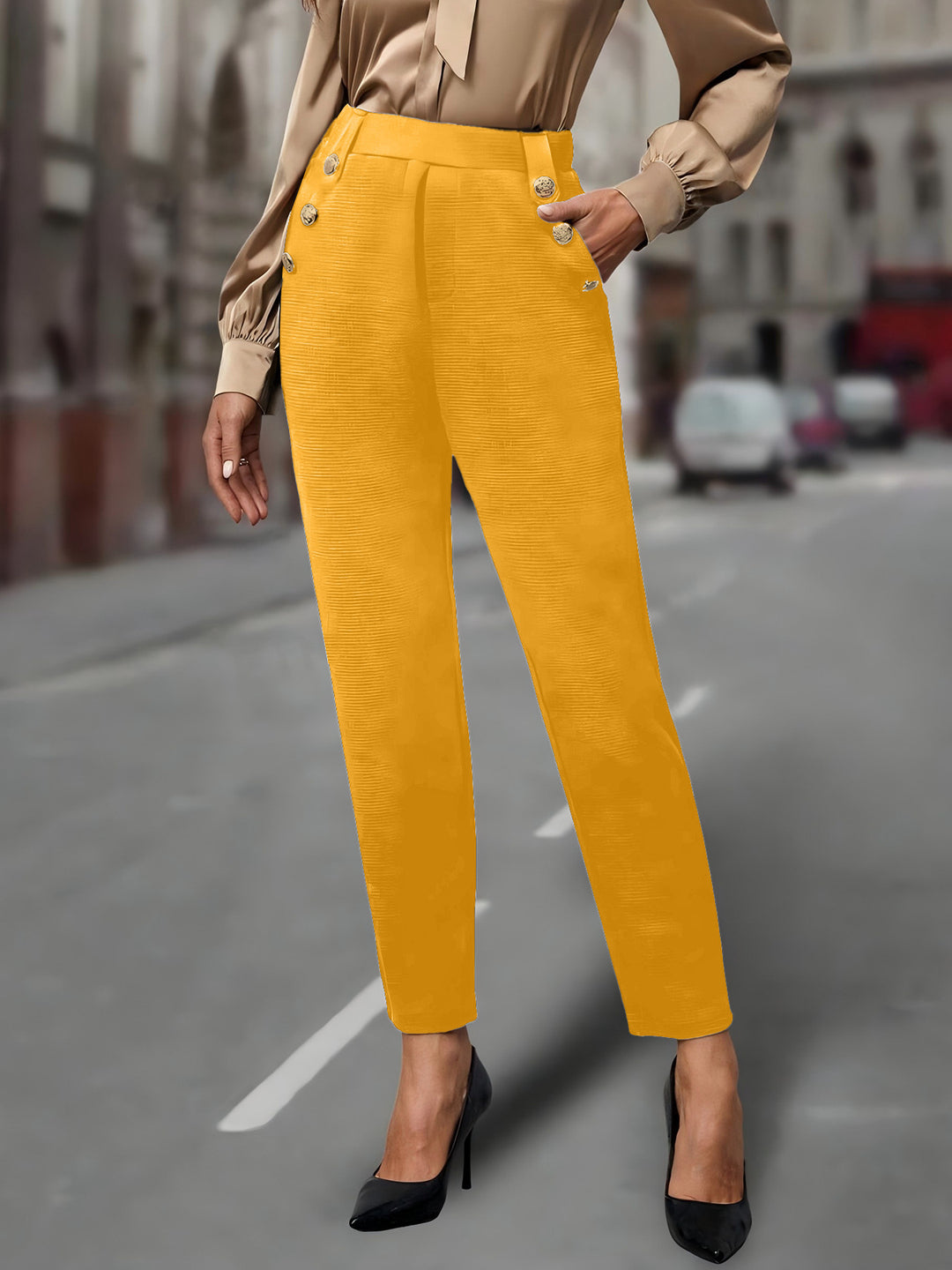 Women High-Waisted Suit Pants with Decorative Buttons Drune