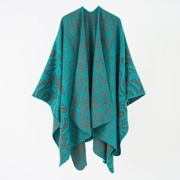 Women's Ornamental Jacquard Cape Poncho with Open Fall and Boxy Silhouette Mune Fashion