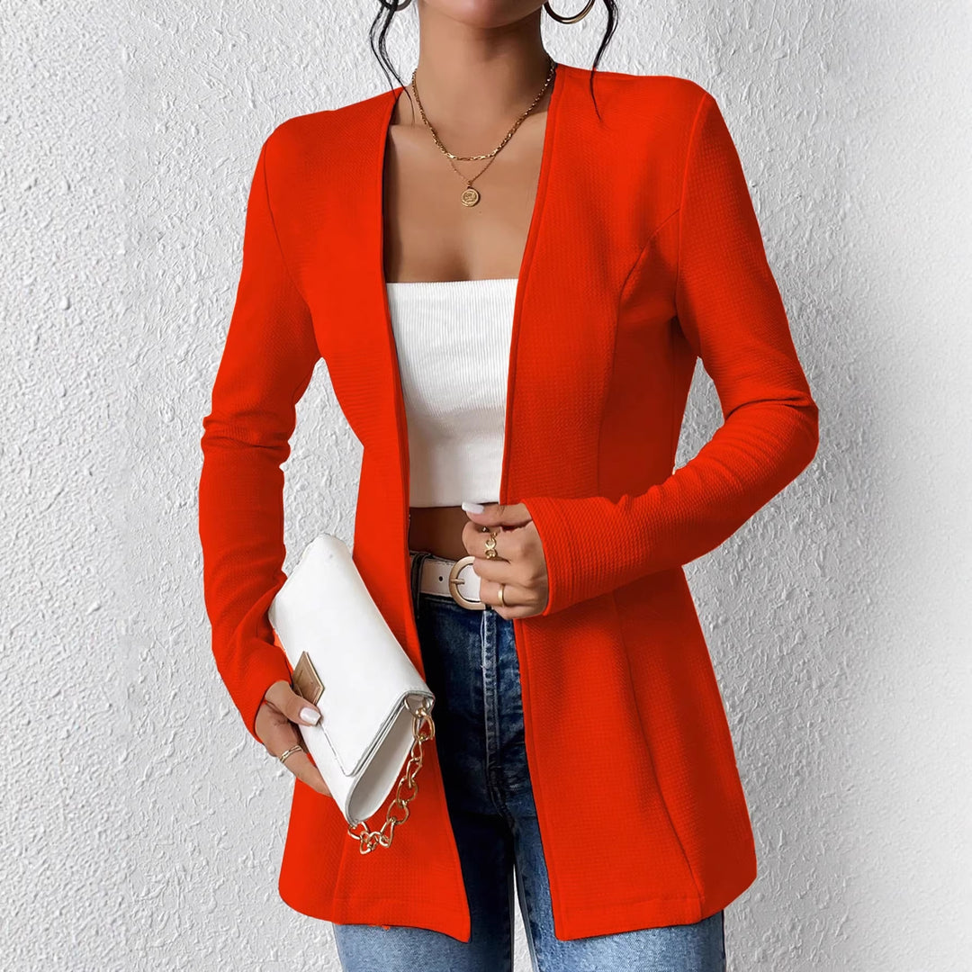 Women's Tailored Collarless Long Blazer with Single Button Closure Mune Fashion