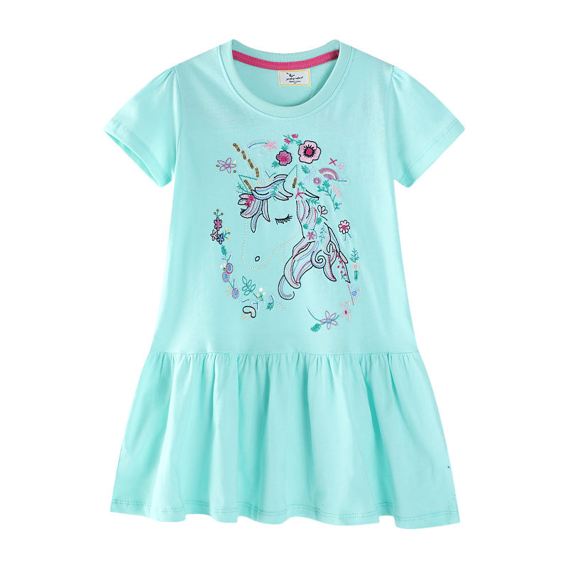 Girls Short Sleeve Casual Dress with Charming Unicorn Design Mune Fashion