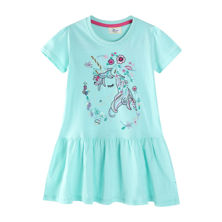 Girls Short Sleeve Casual Dress with Charming Unicorn Design Mune Fashion