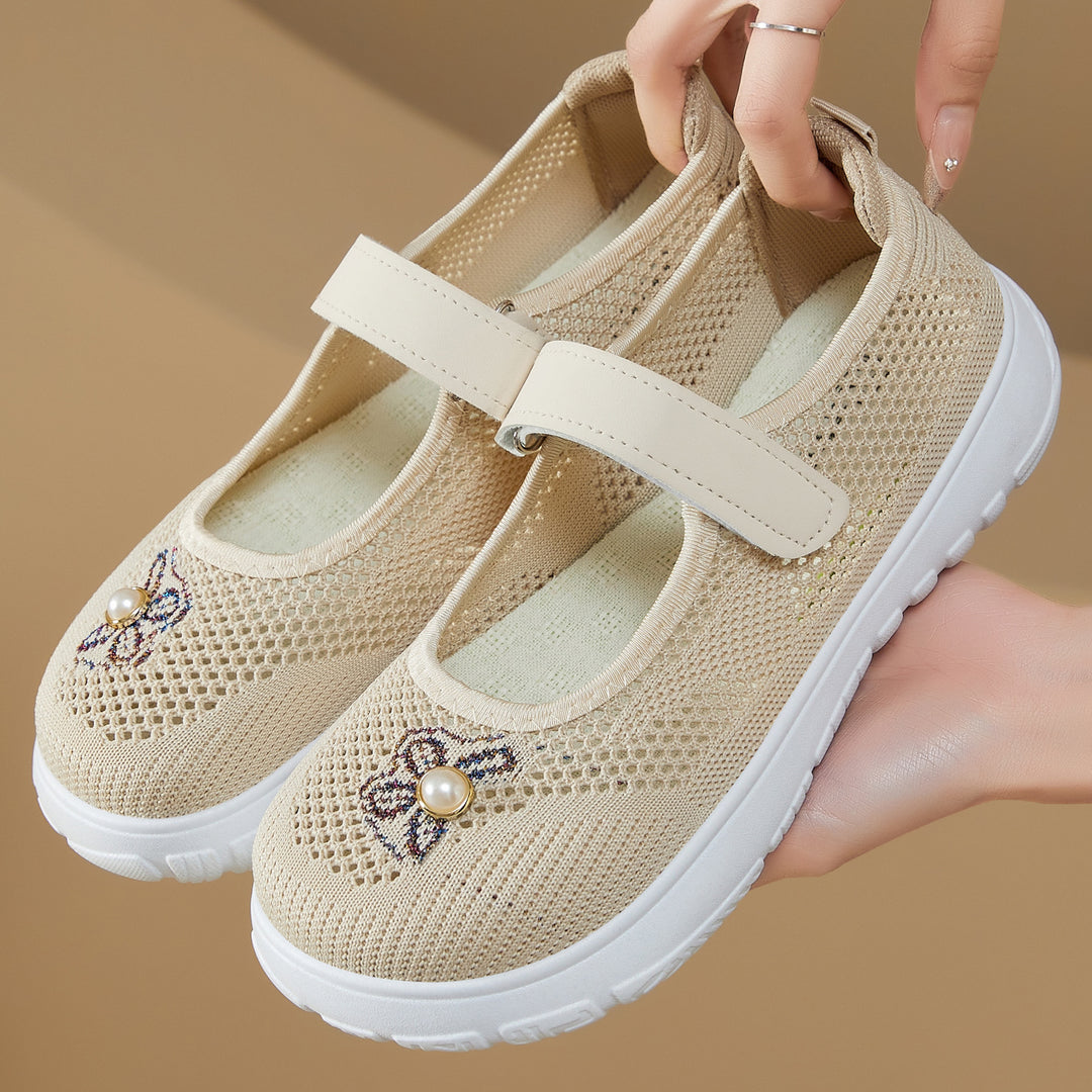 Women's knitted Mary Jane sneakers with Velcro strap, breathable knitted upper, decorative pearl appliqué, and cushioning EVA sole Mune Fashion