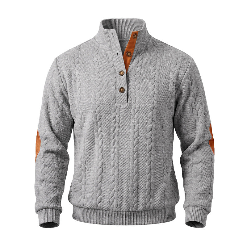 Men's troyer pullover with cable pattern, elbow patches and contrasted button placket Mune Fashion