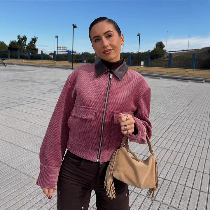 Women Ribbed Structure Short Jacket with Faux Leather Collar and Flap Pockets Mune Fashion