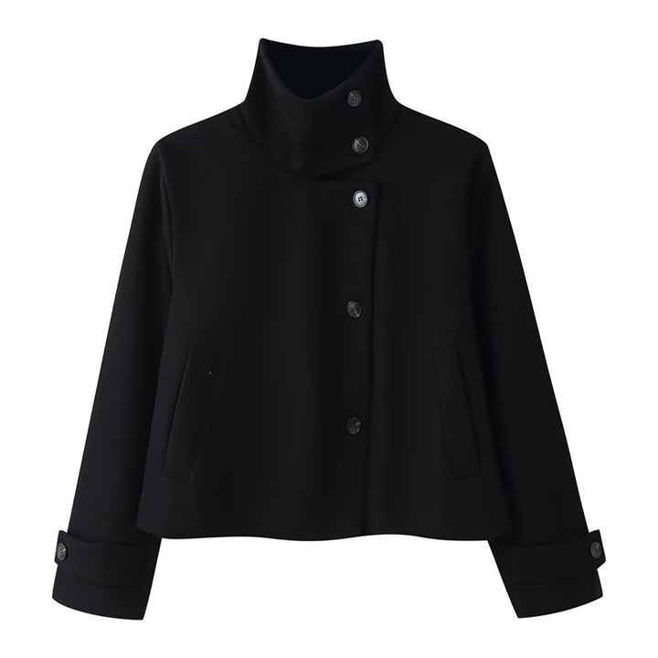 Women short boxy wool jacket with stand-up collar and cuffs Mune Fashion