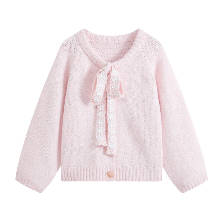 Women's chunky knit pullover with floral lace trim at the neckline Mune Fashion