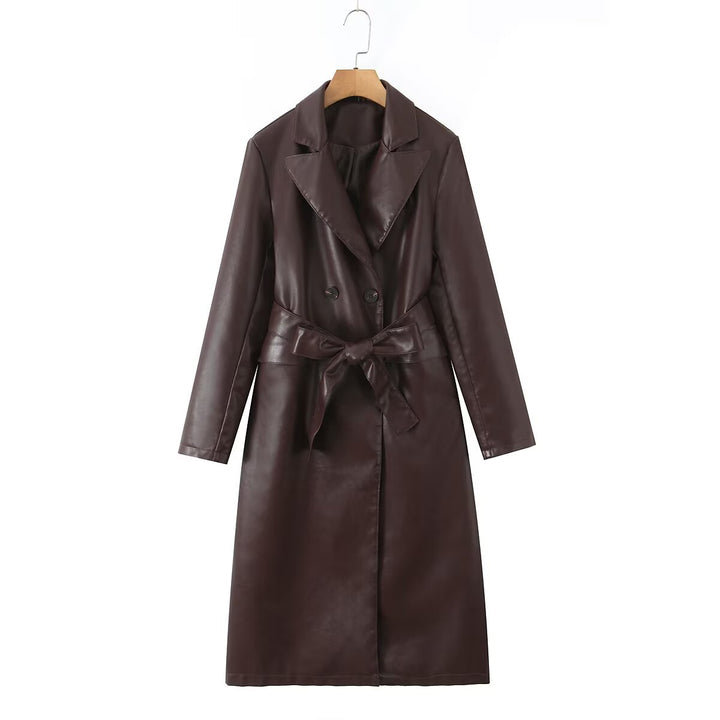 Women's Longline Faux Leather Trench Coat with Double-Breasted Button Placket and Waist Belt Mune Fashion
