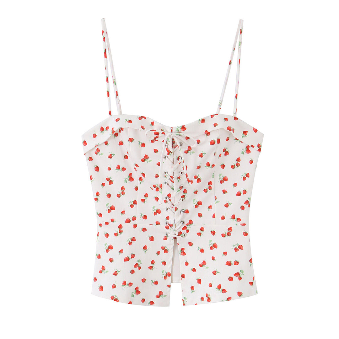 Women Highwaist Cropped Pants with Strawberry Print and Straight Leg Mune Fashion