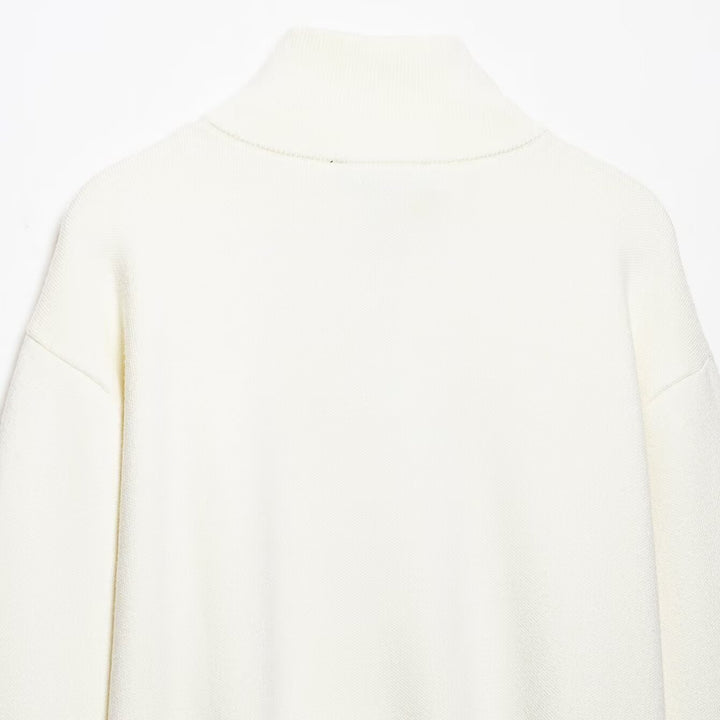 Women's chunky knit pullover with half zipper, stand collar and dropped shoulders Mune Fashion