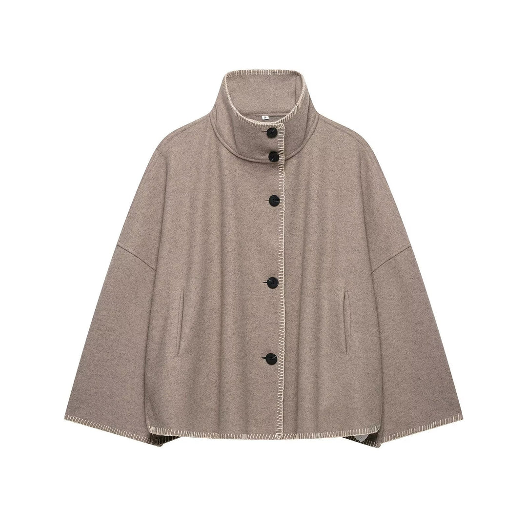 Women's wool blend cape with high stand-up collar, decorative stitching and button placket Mune Fashion