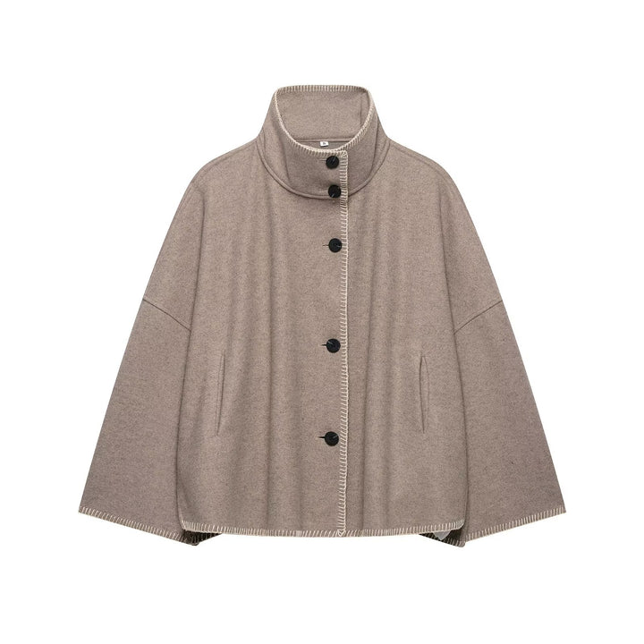 Women's wool blend cape with high stand-up collar, decorative stitching and button placket Mune Fashion