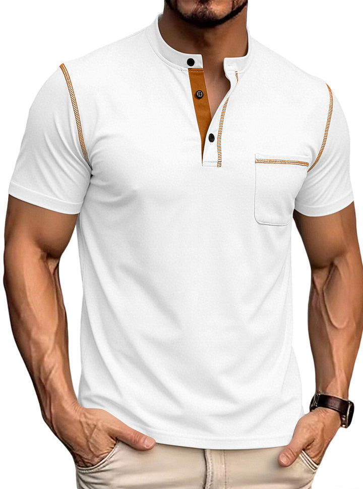 Men's short-sleeved Henley shirt with stand-up collar, chest pocket, and contrasting decorative stitching Mune Fashion