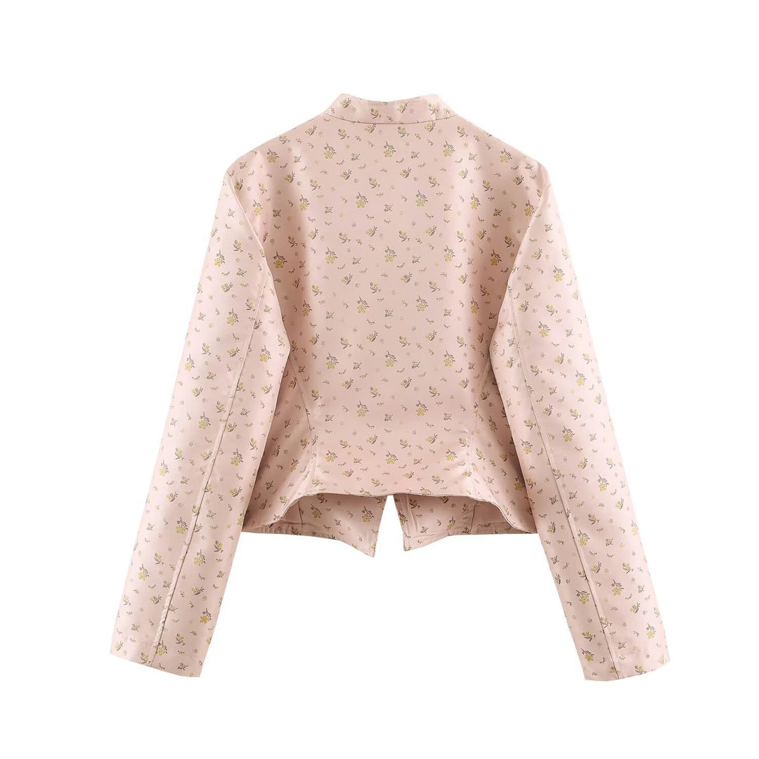 Women Cropped Satin Jacket in Military Style with Decorative Frog Trim Mune Fashion