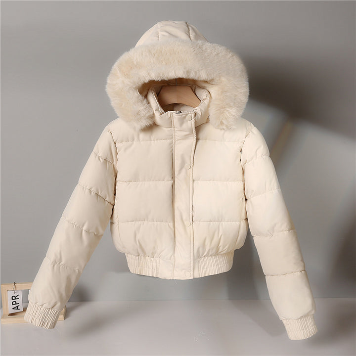 Ladies' short padded hooded jacket with faux fur trim, elastic hem, and concealed zipper Mune Fashion