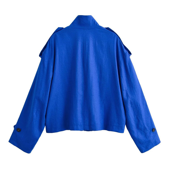 Women's short jacket in boxy worker style with stand-up collar, shoulder epaulettes, and applied flap pockets Mune Fashion