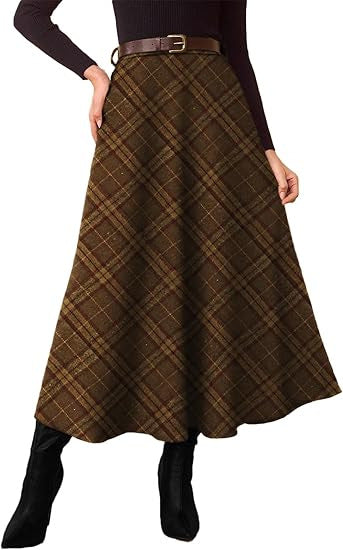 Women's Checked Midi Skirt in A-Line with High Waist and Side Pockets Drune