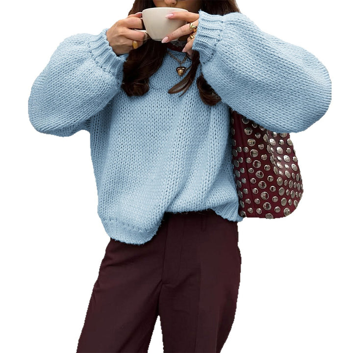 Women oversized chunky knit sweater with round neckline and ribbed hems Mune Fashion
