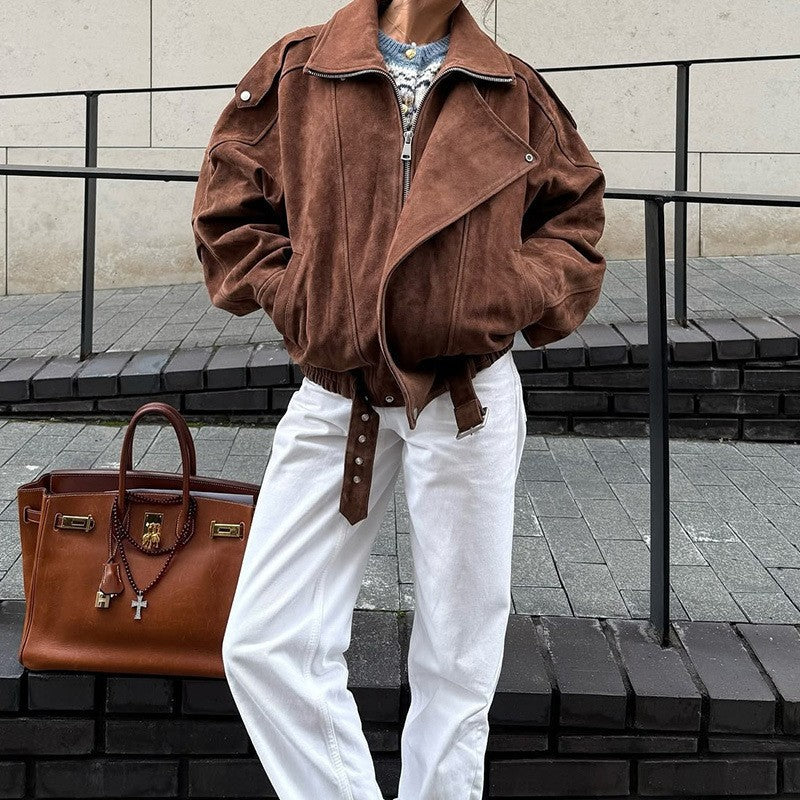 Women's Oversized Suede Blouson with Asymmetrical Zipper and Waistbelt Mune Fashion