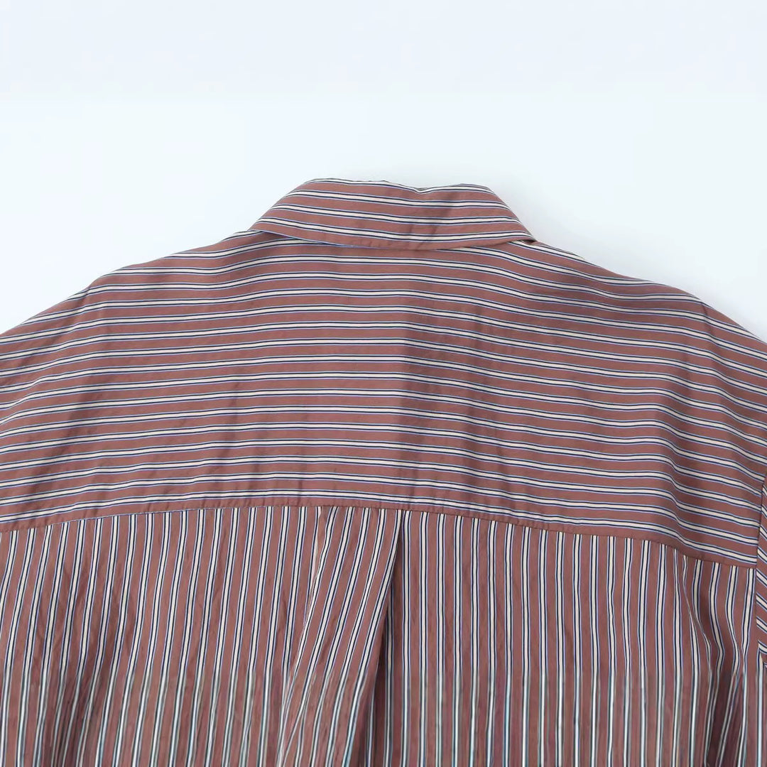 Women's Oversized Shirt Blouse with Vertical Stripe Pattern and Full Button Placket Mune Fashion