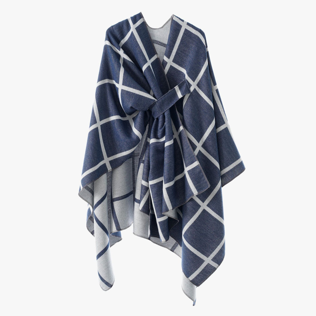 Women's Oversize Poncho made of fine knit with waistband and check pattern Mune Fashion
