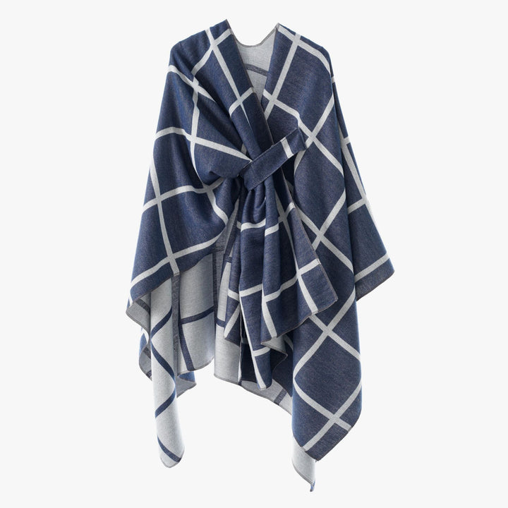 Women's Oversize Poncho made of fine knit with waistband and check pattern Mune Fashion