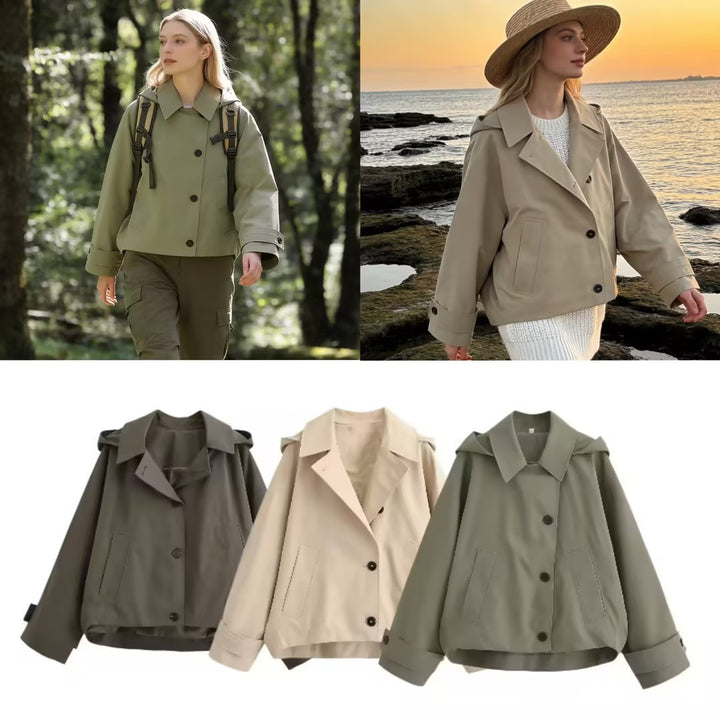 Women Short Oversized Trench Coat with Lapel Collar and Epaulettes Mune Fashion