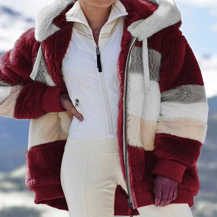 Women's Oversize Teddy Fur Hooded Jacket with Color Block Stripes, High-Quality Zipper and Ribbed Cuffs Mune Fashion