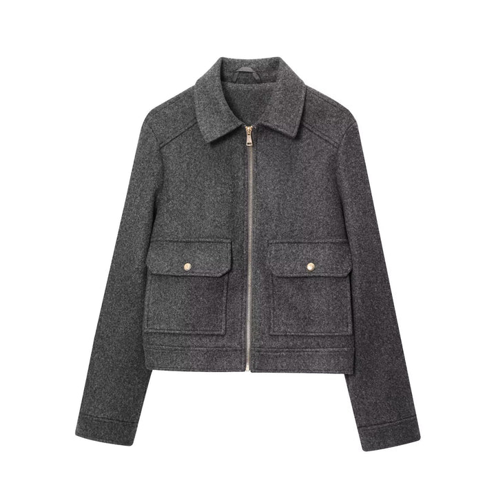 Ladies Short Wool Faux Field Jacket with Full Zipper and Four Flap Pockets Mune Fashion