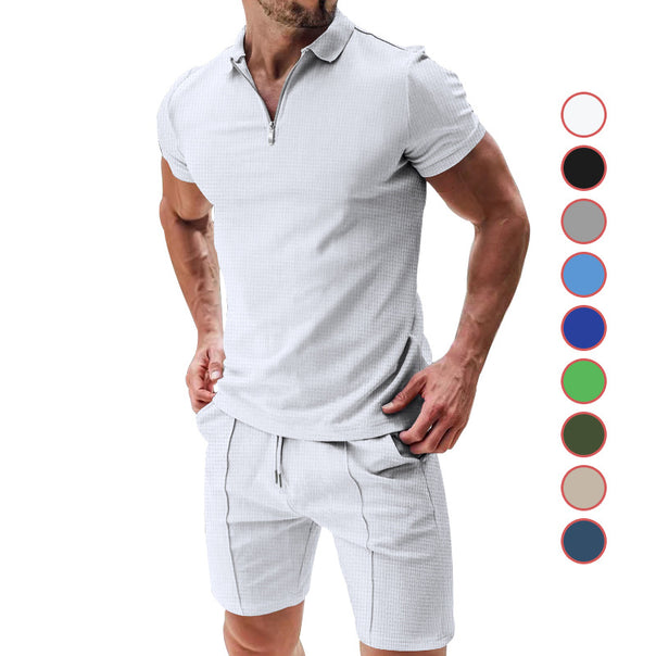Men's casual polo shirt and chino shorts set with half zipper, textured jersey and subtle crease Mune Fashion