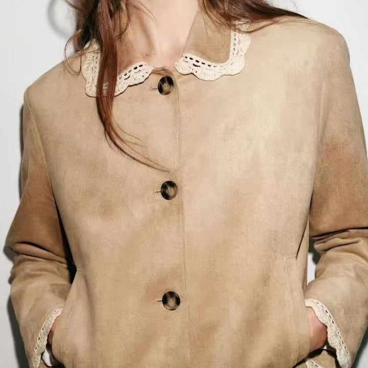 Women's Short Jacket with Crochet Lace Collar and Lace Cuffs Mune Fashion