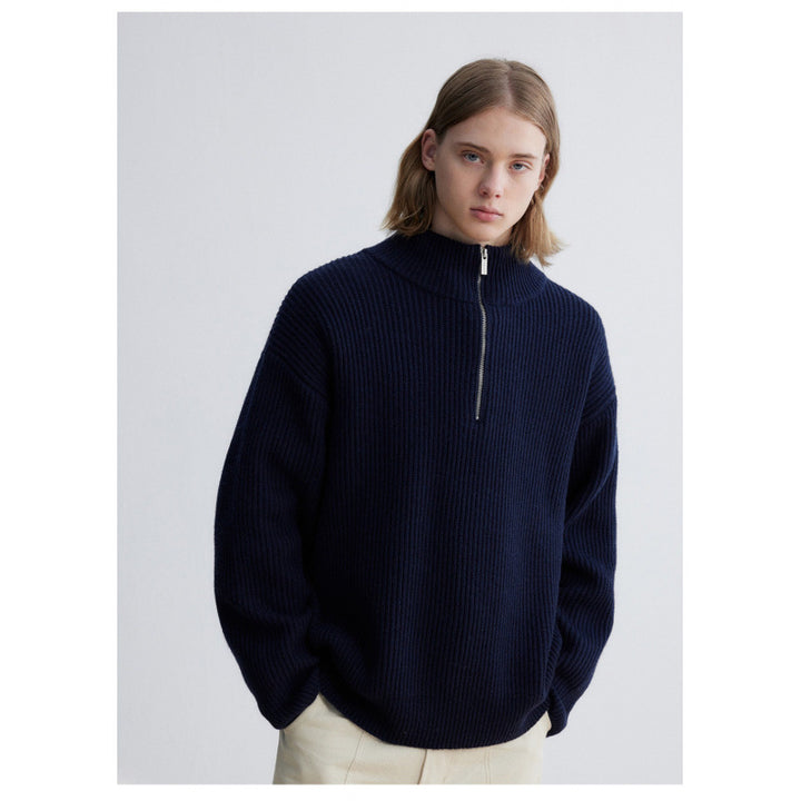 Men's Oversized Ribbed Half-Zip Sweater with Stand-Up Collar Mune Fashion