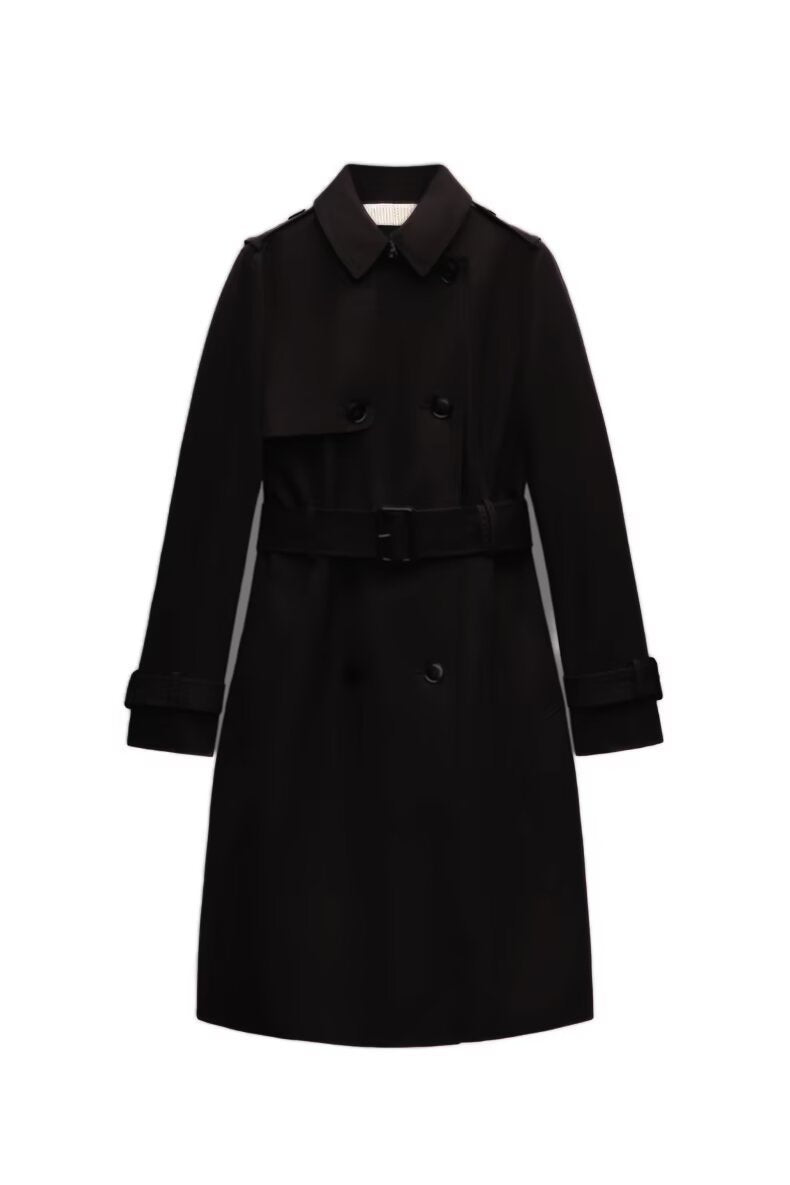 Women's Longer tailored trench coat with double-breasted button placket, waist belt, and sleeve tab Mune Fashion