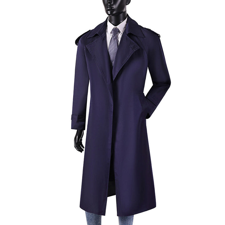 Men's elegant knee- to calf-length trench coat with concealed button placket and shoulder epaulettes Mune Fashion