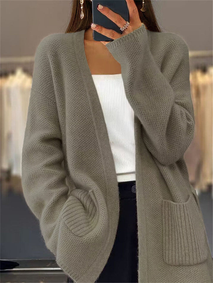 Ladies long cardigan with tie belt, patch rib pockets and loose waffle knit Mune Fashion