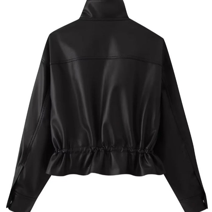Women cropped faux leather jacket with stand collar, zipper and tailored smocking Mune Fashion