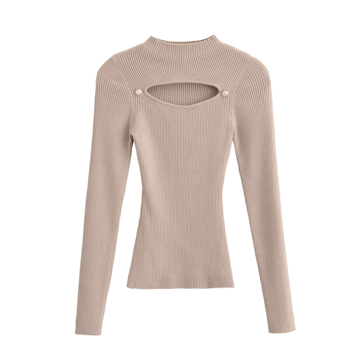 Women's Ribbed Stretch Fine Knit Sweater with Chest Cut-Out and Decorative Buttons Mune Fashion