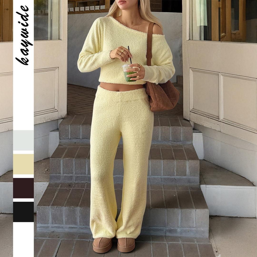 Women's cozy bouclé lounge set with one-shoulder crop pullover and high-waist palazzo pants Mune Fashion