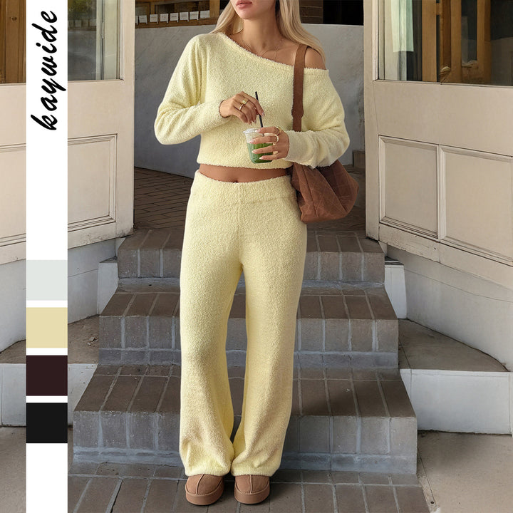Women's cozy bouclé lounge set with one-shoulder crop pullover and high-waist palazzo pants Mune Fashion