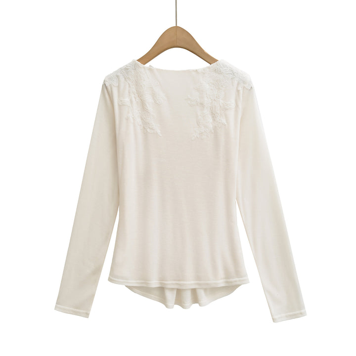 Women's jersey top with wide round neckline, pleated front and lace trim Mune Fashion