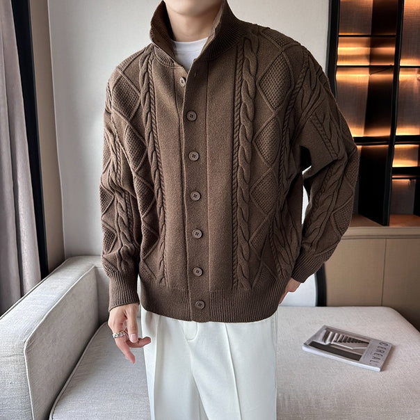 Men's cable knit cardigan with high collar, chunky knit look, and continuous button placket Mune Fashion