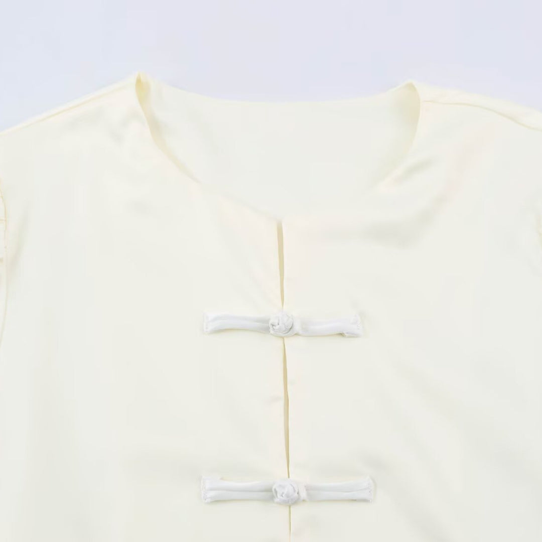 Women’s satin blouse with Chinese knot closures and 3/4 balloon sleeves Mune Fashion