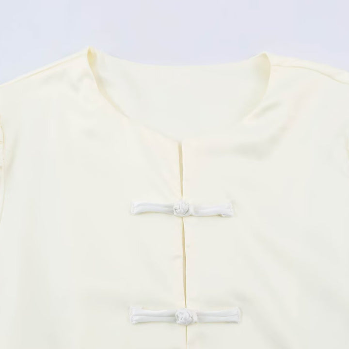 Women’s satin blouse with Chinese knot closures and 3/4 balloon sleeves Mune Fashion